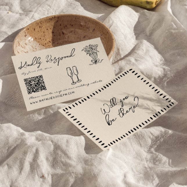 Cartão RSVP Casamento com Código QR Quirky Desenho Escrito Na  (Criador carregado)