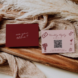 Cartão RSVP Casamento com Código QR Romântico Burgundy Rosa De