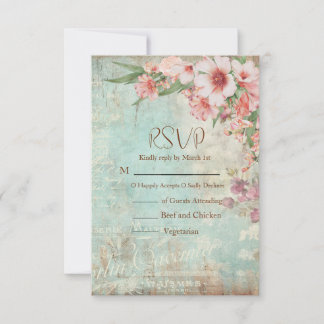 Cartão RSVP Casamento com Código QR Rosa e Verde Vintage