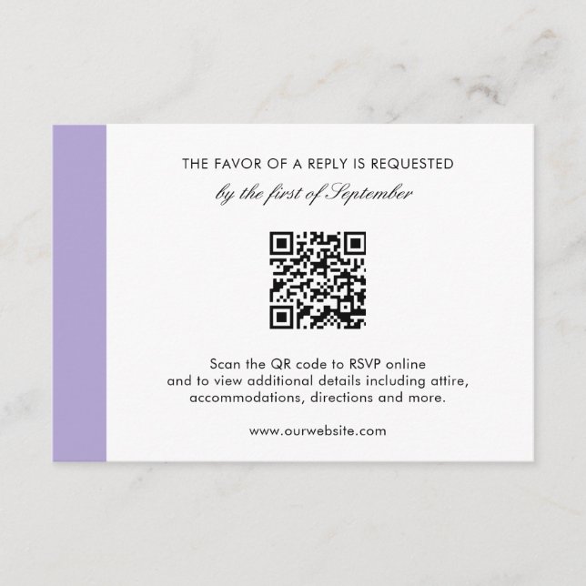Cartão RSVP Casamento com código QR roxo da Lavanda digital mo (Frente)