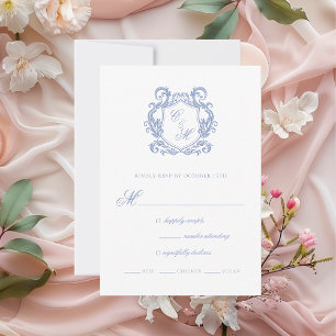 Cartão RSVP Casamento com Crista de Monograma Azul Elegante Po