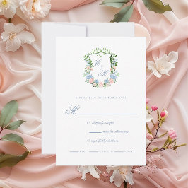 Cartão RSVP Casamento com Crista Floral Azul Empoeirado