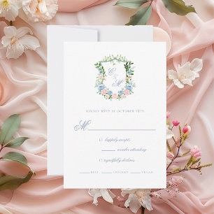 Cartão RSVP Casamento com Crista Floral Azul Empoeirado