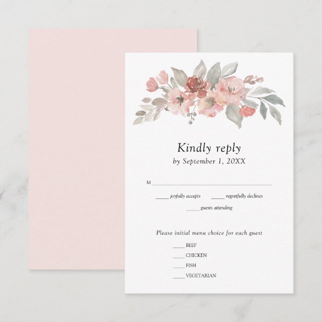 Cartão RSVP Casamento com Flor de Rosa Elegante em Aquarela (Frente/Verso)