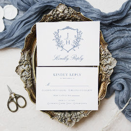 Cartão RSVP Casamento com Floral Crest Monograma Azul Regência