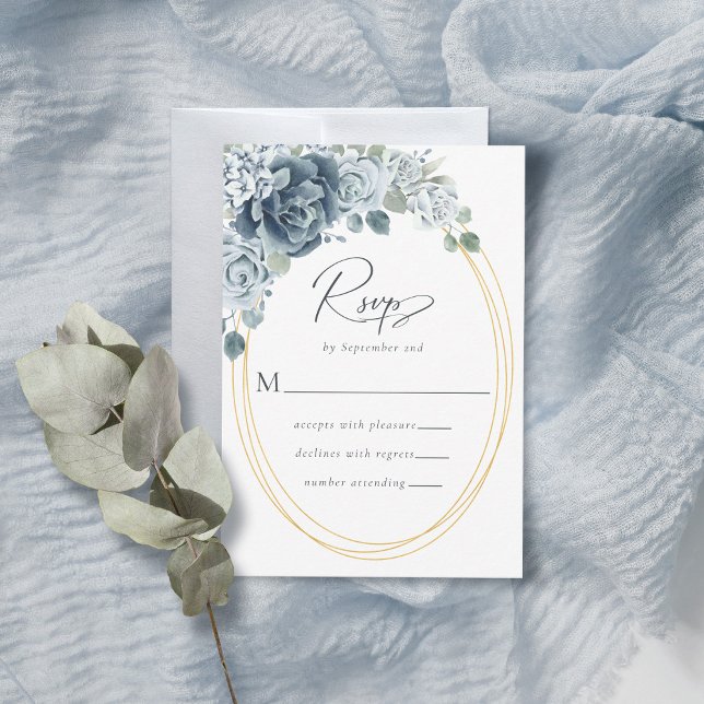 Cartão RSVP Casamento com Floral em Azul Poeira em Aquarela (Criador carregado)