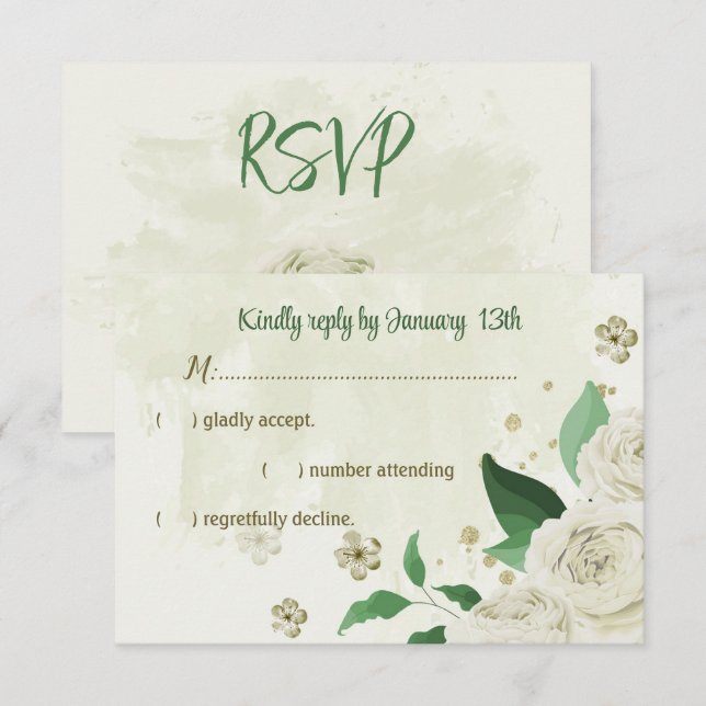 Cartão RSVP Casamento com flores brancas de marfim (Frente/Verso)