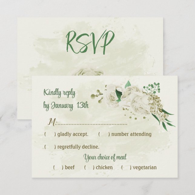 Cartão RSVP Casamento com flores brancas de marfim (Frente/Verso)