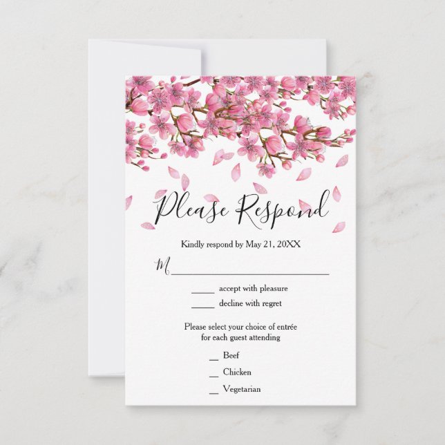 Cartão RSVP Casamento com Flores de Cerejeira Rosa (Frente)