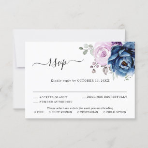 Cartão RSVP Casamento com Flores de Lilás Azul Navy Roxo