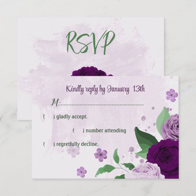 Cartão RSVP Casamento com flores roxas (Frente/Verso)