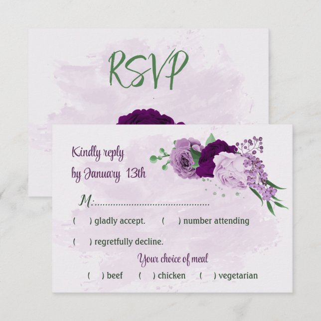 Cartão RSVP Casamento com flores roxas (Frente/Verso)