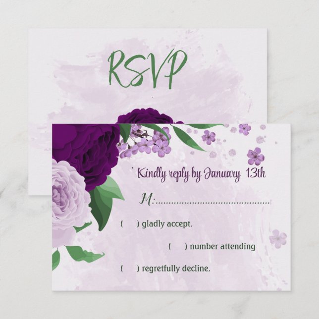 Cartão RSVP Casamento com flores roxas (Frente/Verso)