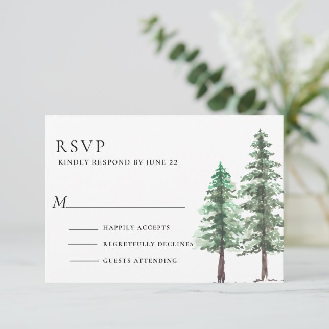 Cartão RSVP Casamento com Floresta de Pinheira Aquarela (Em pé/Frente)