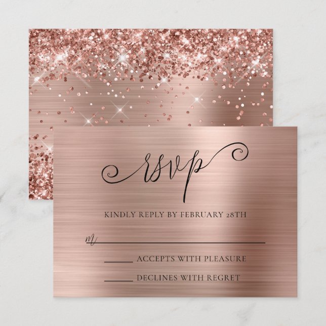 Cartão RSVP Casamento com Folha Dourada Rosa Espelhada (Frente/Verso)