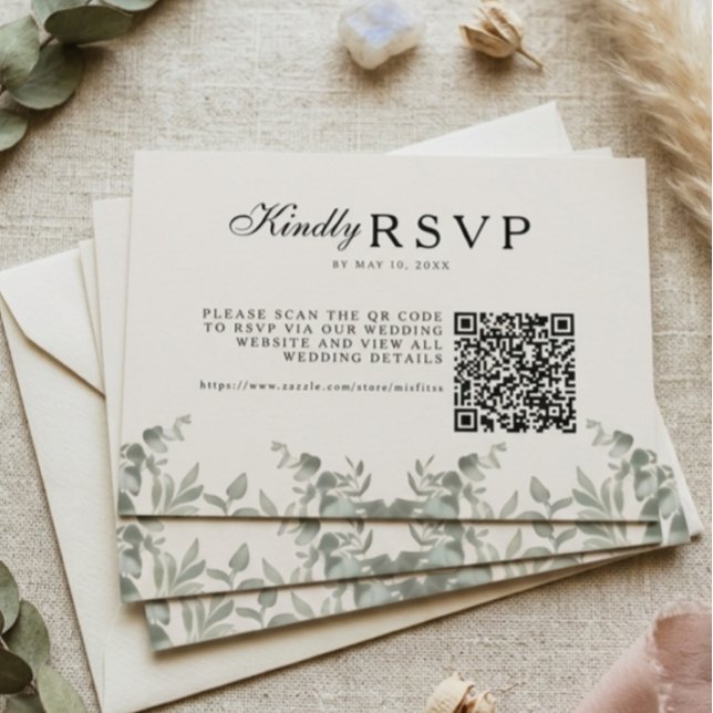 Cartão RSVP Casamento com Folhas de Eucalipto Boho e QR (Criador carregado)