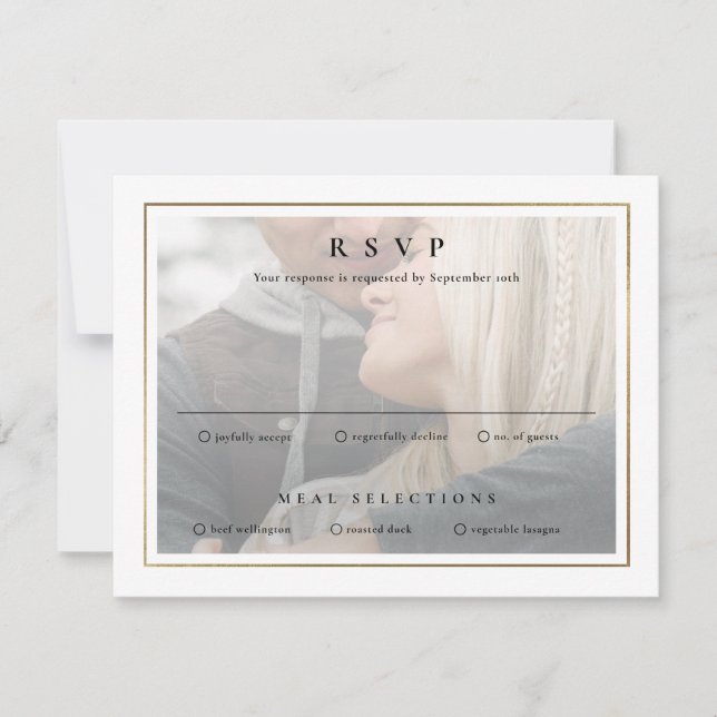 Cartão RSVP Casamento com Fotografias Dourado 2 Clássico Elega (Frente)