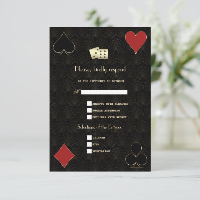 Cartão RSVP Casamento com Glam Royal Dourado Art Deco 20s (Em pé/Frente)