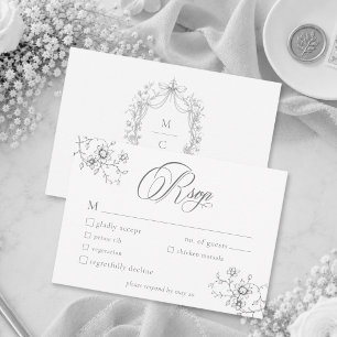 Cartão RSVP Casamento com Grinalda Floral Preta Cinza Clássica