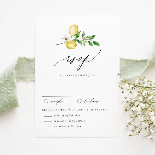 Cartão RSVP Casamento com Lemon Botânico e Jardim Verde (Customizable RSVP Card with Watercolor Lemons, Blossoms & Greenery | RSVP with Date & Entree Choices)