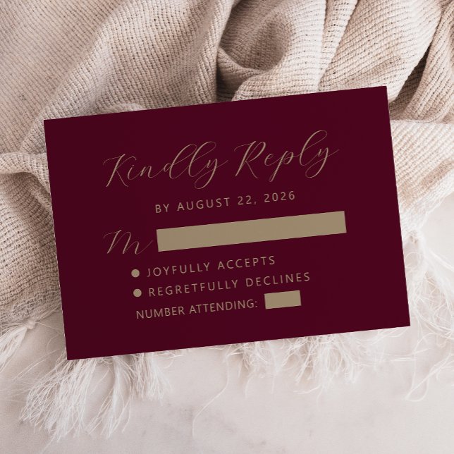 Cartão RSVP Casamento com Letra Dourada em Borgonha (Criador carregado)