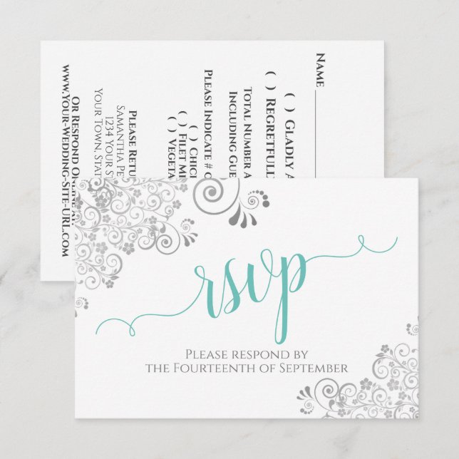 Cartão RSVP Casamento com Letra Elegante Prata e Água em Branc (Frente/Verso)