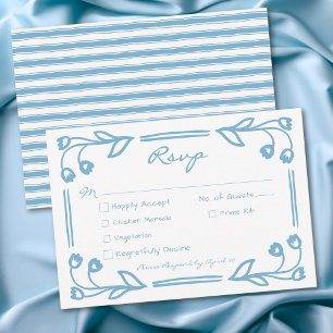 Cartão RSVP Casamento com Listra Floral Azul Caprichosa à Mão
