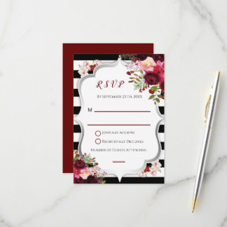 Cartão RSVP Casamento com Listras Pretas e Brancas e Floral Bu