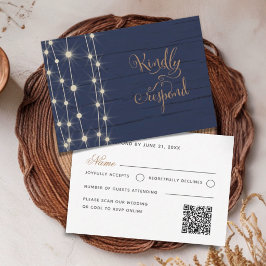 Cartão RSVP Casamento com Luzes de Corda Rústicas Navy e Doura