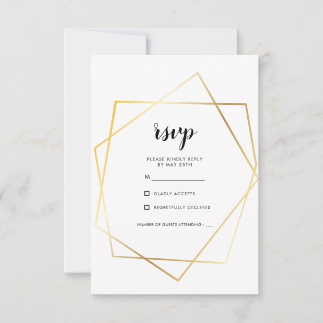 Cartão RSVP Casamento com moldura de ouro geométrica moderna (Frente)