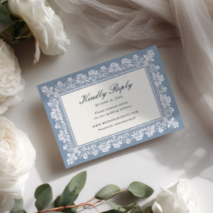 Cartão RSVP Casamento com Moldura de Renda Azul Francês