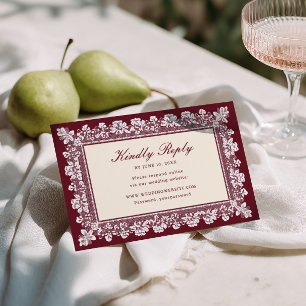 Cartão RSVP Casamento com Moldura de Renda Borgonha