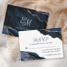 Cartão RSVP Casamento com Monograma Azul Naval e Branco Ágata