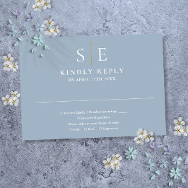 Cartão RSVP Casamento com Monograma Azul Poeirento e Dourado
