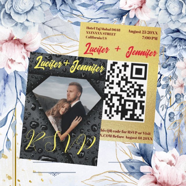 Cartão RSVP Casamento com o Código QR do Damond do Ouro Elegan (Criador carregado)
