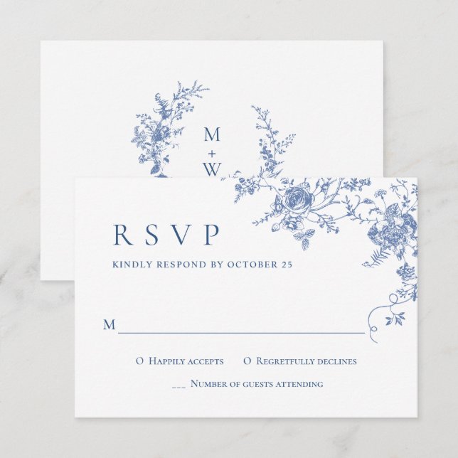 Cartão RSVP Casamento com o Toile do Jardim dos Rosas Azuis El (Frente/Verso)