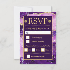 Cartão RSVP Casamento com padrão de ágata dourada roxa rosa