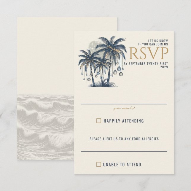 Cartão RSVP Casamento com Palmeiras Azuis Dreamy (Frente/Verso)