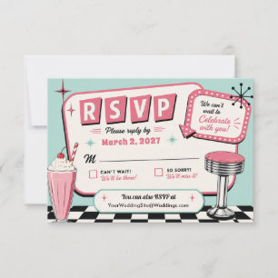 Cartão RSVP Casamento com piso xadrez de lanchonete retrô vint
