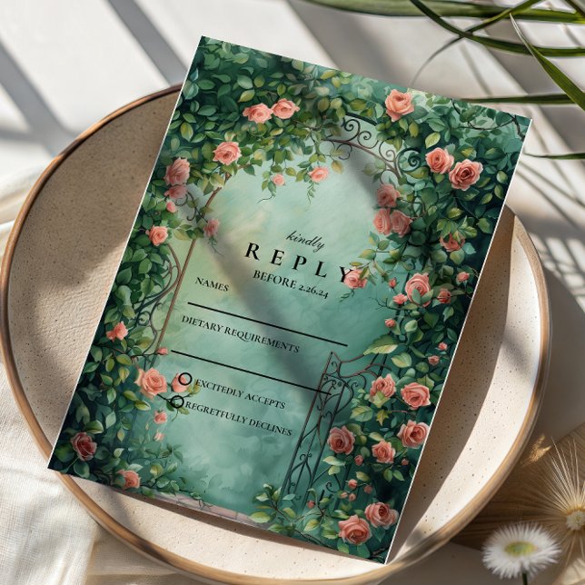 Cartão RSVP Casamento com Portão de Rosa Vintage Romântica (Criador carregado)