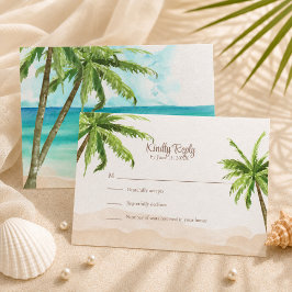 Cartão RSVP Casamento com Praia Costeira em Aquarela e Palmeir