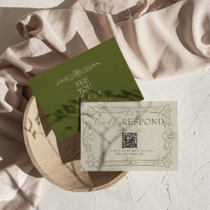 Cartão RSVP Casamento com QR Code Floral Verde Oliva Luxuoso