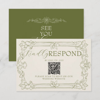 Cartão RSVP Casamento com QR Code Floral Verde Oliva Luxuoso