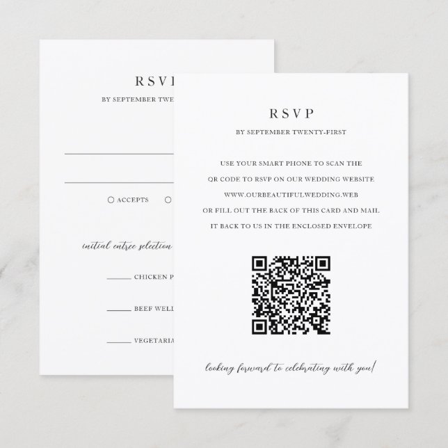 Cartão RSVP Casamento com QR Code Neutro Moderno e Elegante (Frente/Verso)