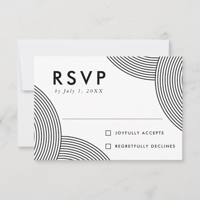 Cartão RSVP Casamento com Redemoinho Geométrico Preto e Branco (Frente)