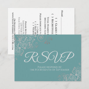 Cartão RSVP Casamento com rendas de prata herdadas do teal ou 