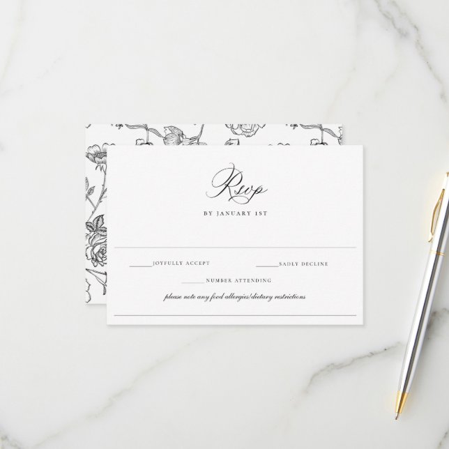 Cartão RSVP Casamento com Restrição à Dieta de Alergia Negra R (Frente/Verso In Situ)