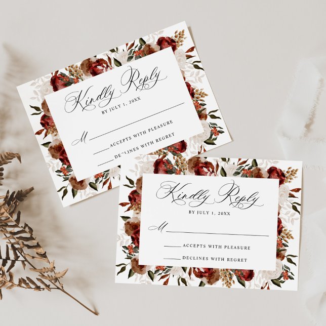 Cartão RSVP Casamento com Rosas Rústicas Burgundy e Marfim (Criador carregado)