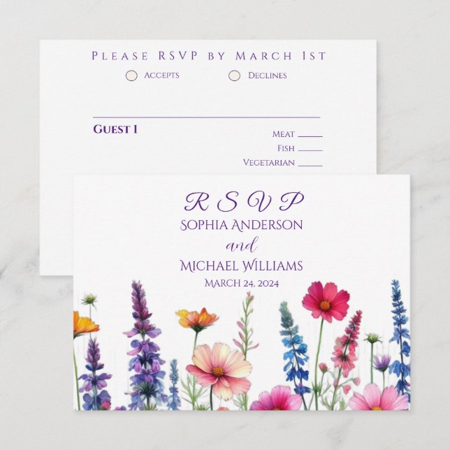 Cartão RSVP Casamento com Sinfonia de Flores Selvagens (Frente/Verso)
