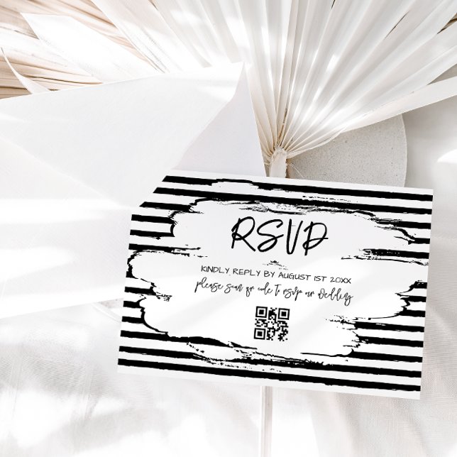Cartão RSVP Casamento com Stripes Negras Modernas Abstrato (Criador carregado)